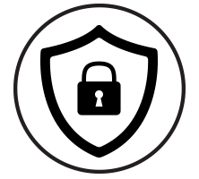 Black circle icon with kite shield and padlock icon inside