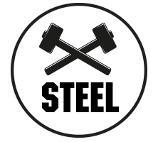 black circle icon of two crossed hammers with the word Steel underneath