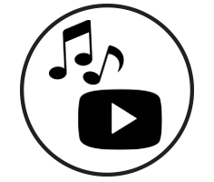 Black circle icon of YouTube Logo and musical notes