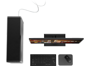 top down image of computer, monitor, mouse and keyboard on desk