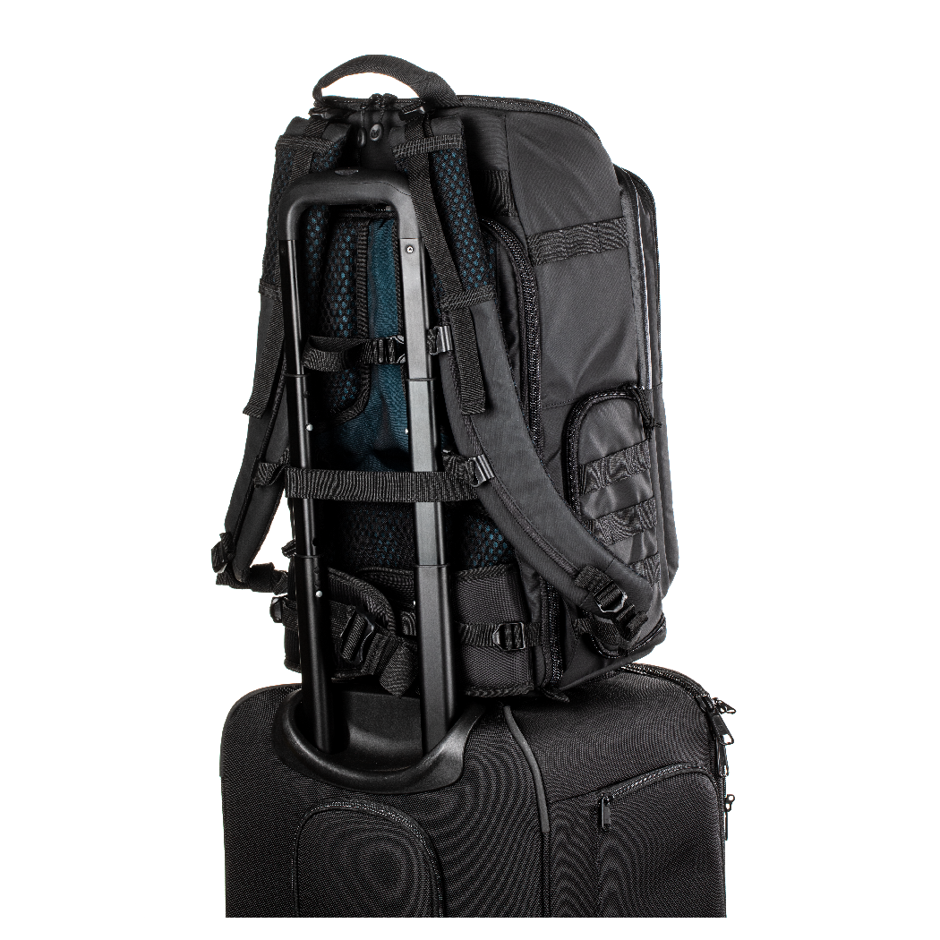 backpack connected to a trolly using the included strap, Tenba Axis V2 24L Backpack Multicam Black