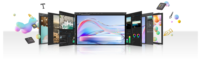 Graphic representation of Adobe Creative Cloud applications with artwork on screen