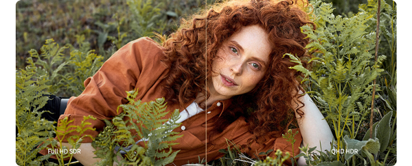 Split image of red haired woman laying in green foliage wearing orange overshirt