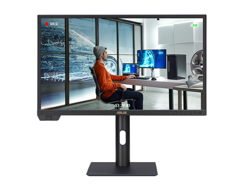 ProArt PA24US with 4K video playing of a man in an orange sweatshirt sat working at a desk with a ProArt workflow