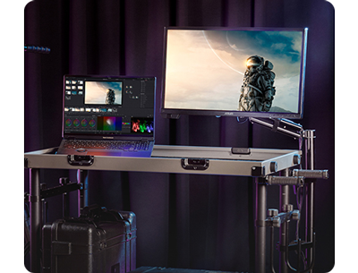 ASUS ProArt PA24US mounted on a DIT cart with ProArt creator laptop