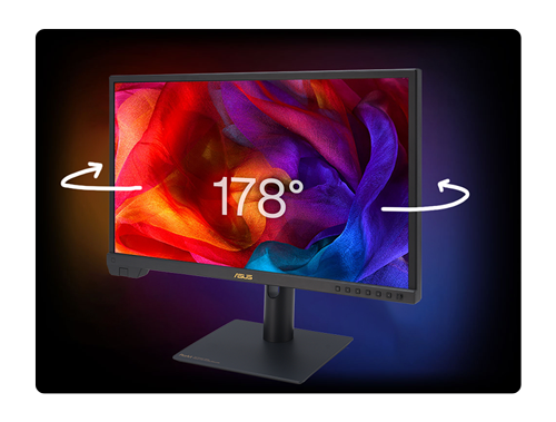 ProArt PA24US with a multi coloured background, and 178° in white text overlayed with directional arrows for the viewing angle