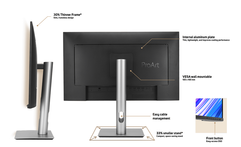 rear and side view of the asus proart pa279cv monitor showing key specs