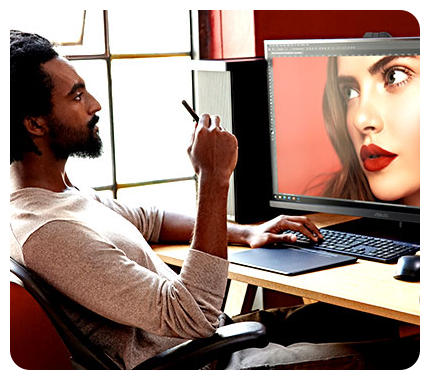 graphic designer using ProArt PA27DCE-K monitor, ASUS 26.9 ProArt 4K HDR OLED Display PA27DCE-K