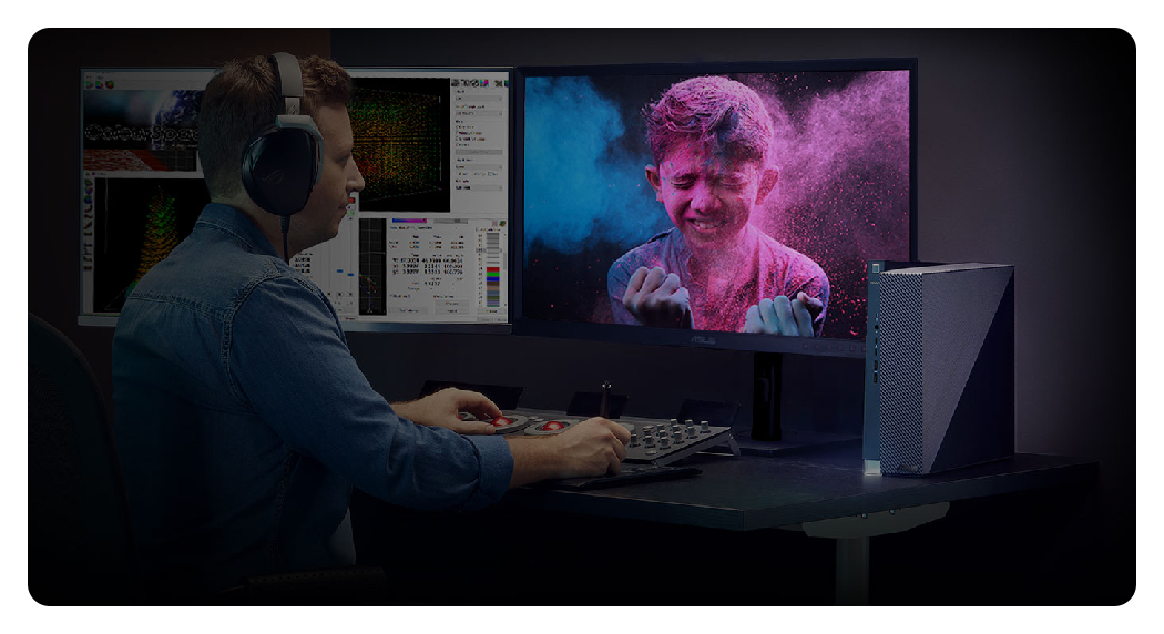 graphic designer using a calibrator on the PA27DCE-K, ASUS 26.9 ProArt 4K HDR OLED Display PA27DCE-K