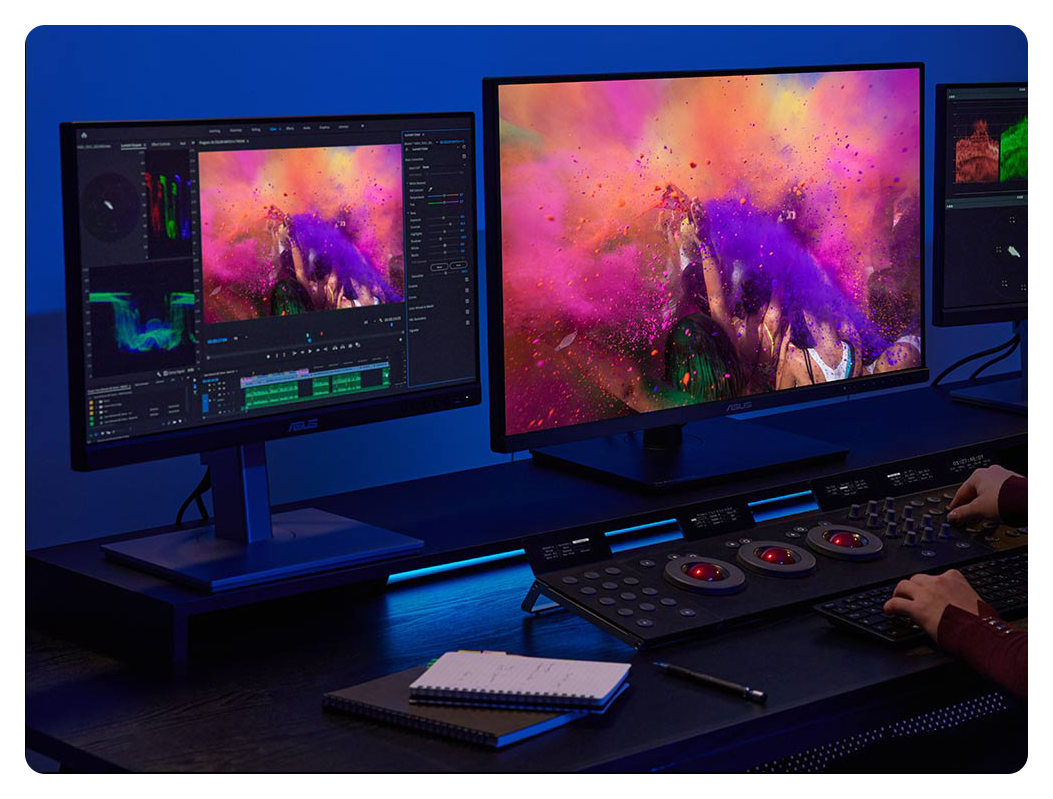 video editor using the PA27DCE-K for the true-to-life colour display, ASUS 26.9 ProArt 4K HDR OLED Display PA27DCE-K