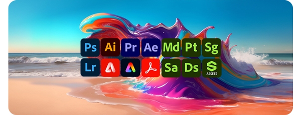 AI generated image of coloured wave on beach with adobe software logos overlayed