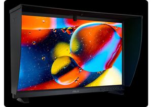ASUS ProArt PA32DC OLED Profesional Monitor with sunshade on black background