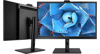 front and rear view of ASUS ProArt PA32DC Profesional Monitor with blue cactus image on screen