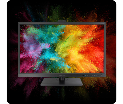 ASUS ProArt PA32DC OLED Profesional Monitor with coloured powder explosion background