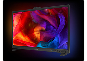 ASUS ProArt PA32DC 32 inch Profesional OLED Monitor on low stand legs on black background