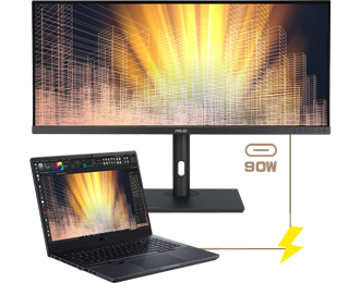 ASUS ProArt PA348CGV connected to laptop with USB-C with Displayport and power delivery