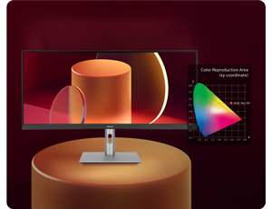 PA34VCNV with colour gamut graph on red background with 100% sRGB