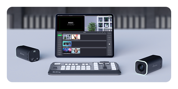 birddog maki studio control panel with 2 maki live cmaeras and ipad on a grey desk