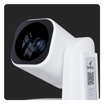 close up of the birddog ptz camera on a grey background