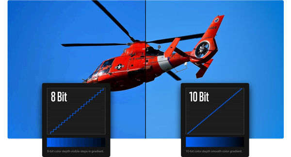 Split image photograph of red US Coast Guard helicopter flying in clear blue sky in both 8 bit and 10 bit colours o
