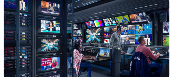 Image of complete broadcast truck with large amount of video screens and operators