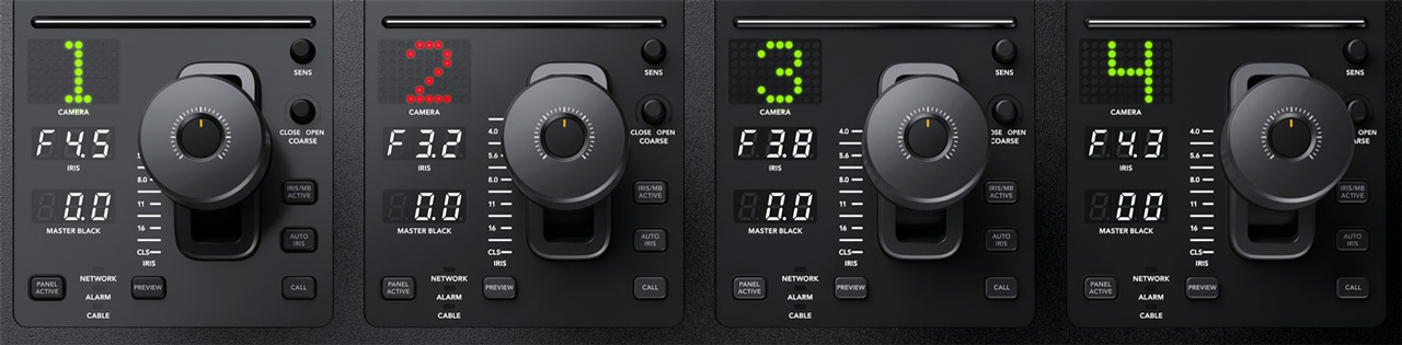 Independent camera lens and iris control anels with indicator led screens and joysticks