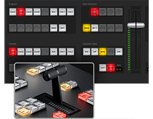 close up image of blackmagic ATEM control panel push lever infront of programme button
