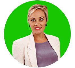 Circle image of female presented wearing cream blazer infront of greenscreen background