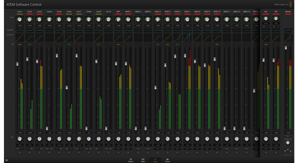 Screenshot image of blackmagic ATEM software Control centre with Fairlight Audio mixer controls