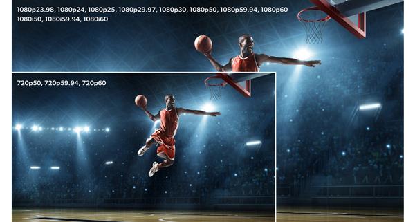 Comparison image of basketball player jumping through the air for a dunk in 720p and 1080p Resolution