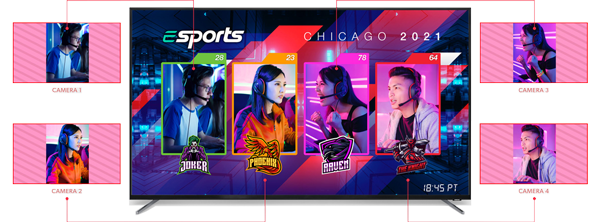Image of TV with Esports Chichago 2021 content and player camera feeds
