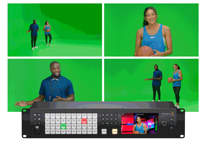 Animated gif of Chroma key virtual set examples with basketball presenters