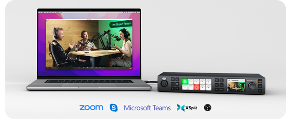 Blackmagic ATEM 1 M/E Constellation HD connected to Apple MacBook via USB with Zoom, Skype, Microsoft Teams, Xsplit and OBS logos