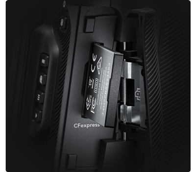 CFexpress card in the blackmagic cinema camera 6K card slot with the door open