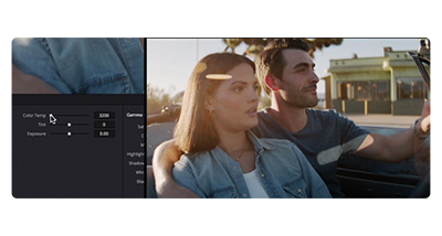Davinci Resolve Studio Colour temperatre controls, Man and woman sat in a convertible classic car, blackmagic cinema camera 6k