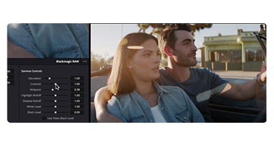 DaVinci Resolve Studio Contrast controls, Man and woman sat in a convertible classic car, blackmagic cinema camera 6k