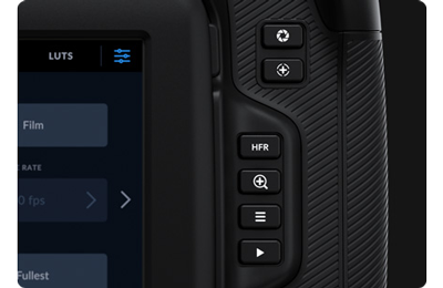 close up of blackmagic cinema camera 6K back panel controls