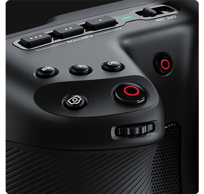 close up of blackmagic cinema camera 6K handgrip controls