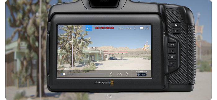 Blackmagic cinema camera 6k lcd screen with video preview of desert gas station scene
