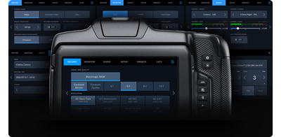 Blackmagic cinema camera 6k surrounded by previews of the blackmagic os