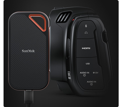 SanDisk USB-C SSD infront of blackmagic cinema camera 6k