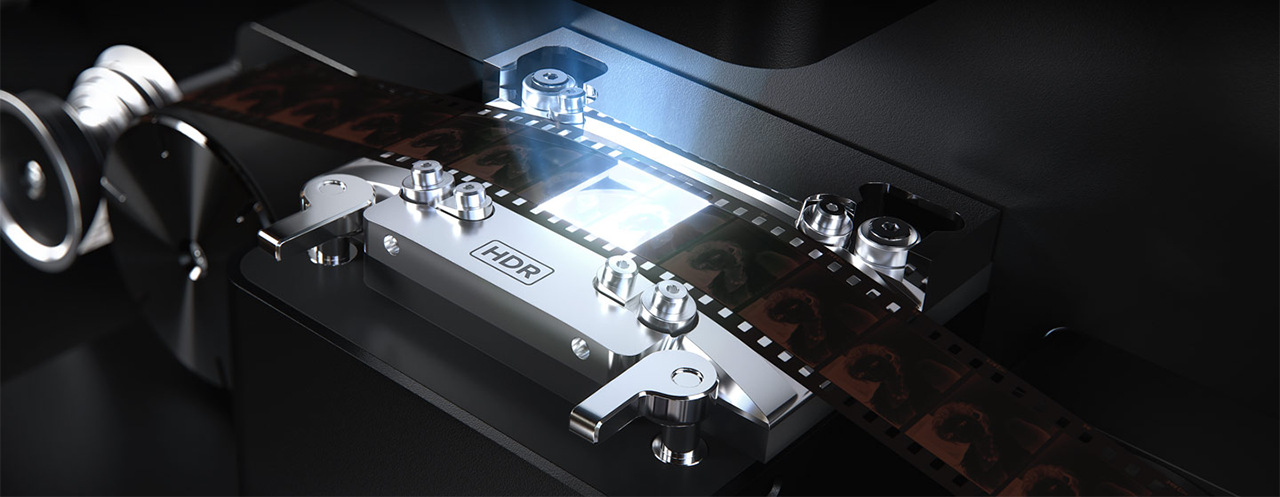 Close up image of 35mm cine film on Cintel G3 HDR film scanner light source