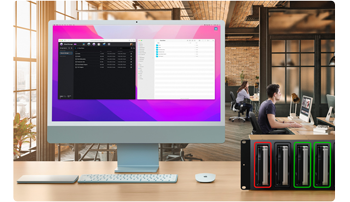 Apple iMac on table with blackmagic cloud software window and backup 8