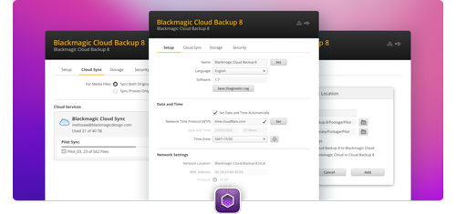 3 windows of blackmagic cloud software window open on purple and pink gradient background