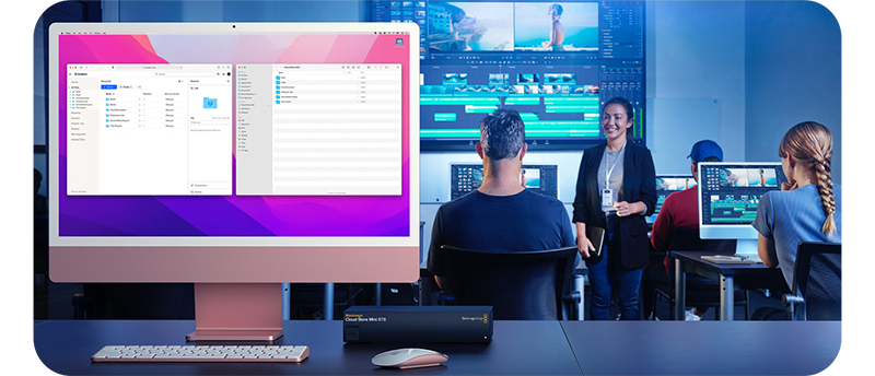 Blackmagic Cloud Store Mini Connected to pink Apple Mac M1 with Dropbox Sync window open in edit bay