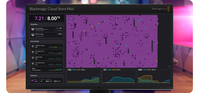 Blackmagic Cloud Software window showing Cloud Store Mini real time monitoring