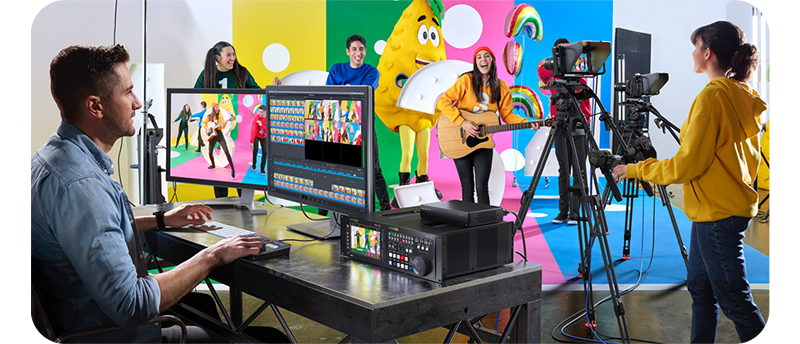 Film set with DIT cart and blackmagic studio camera 4k filming childrens TV show