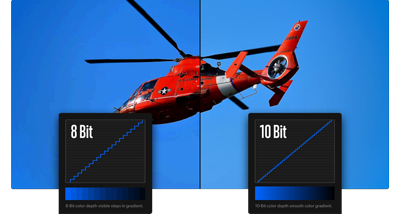 illustration of rescue helicopter in clear blue skies with 8-bit and 10-bit colour depth quality split screen