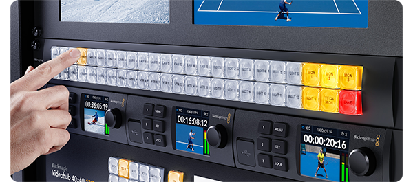 Person operating Blackmagic VideoHub in rackmount production solution