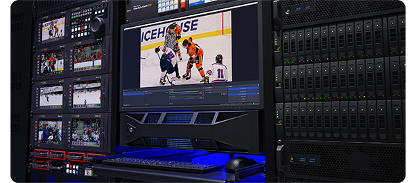 image of rackmounted production monitor showing ice hockey broadcast